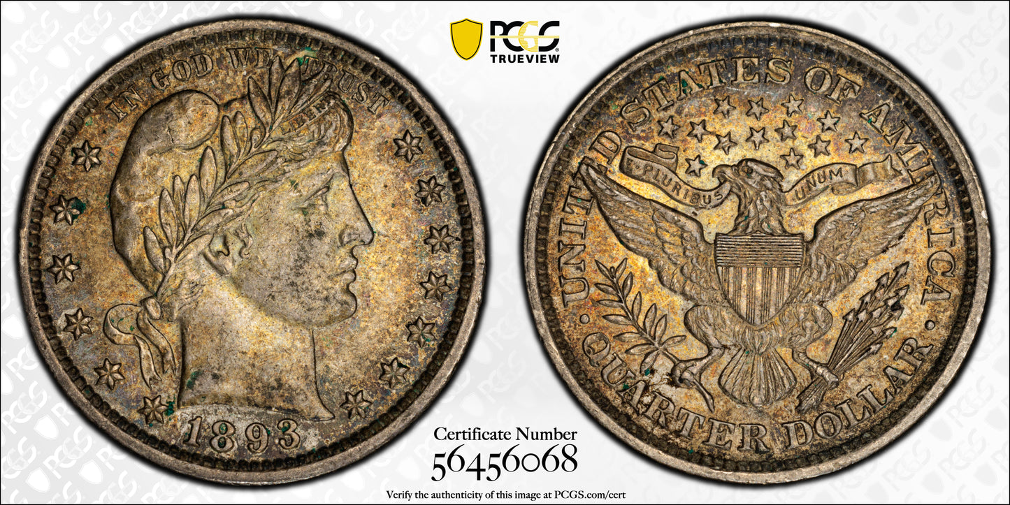 1893 Barber Quarter - PCGS AU58, Beautifully Toned - 1893 Quarter High Grade