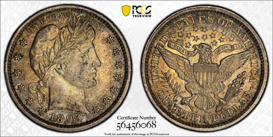 1893 Barber Quarter - PCGS AU58, Beautifully Toned - 1893 Quarter High Grade