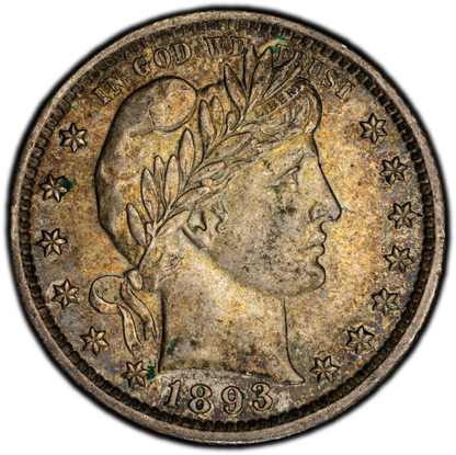 1893 Barber Quarter - PCGS AU58, Beautifully Toned - 1893 Quarter High Grade