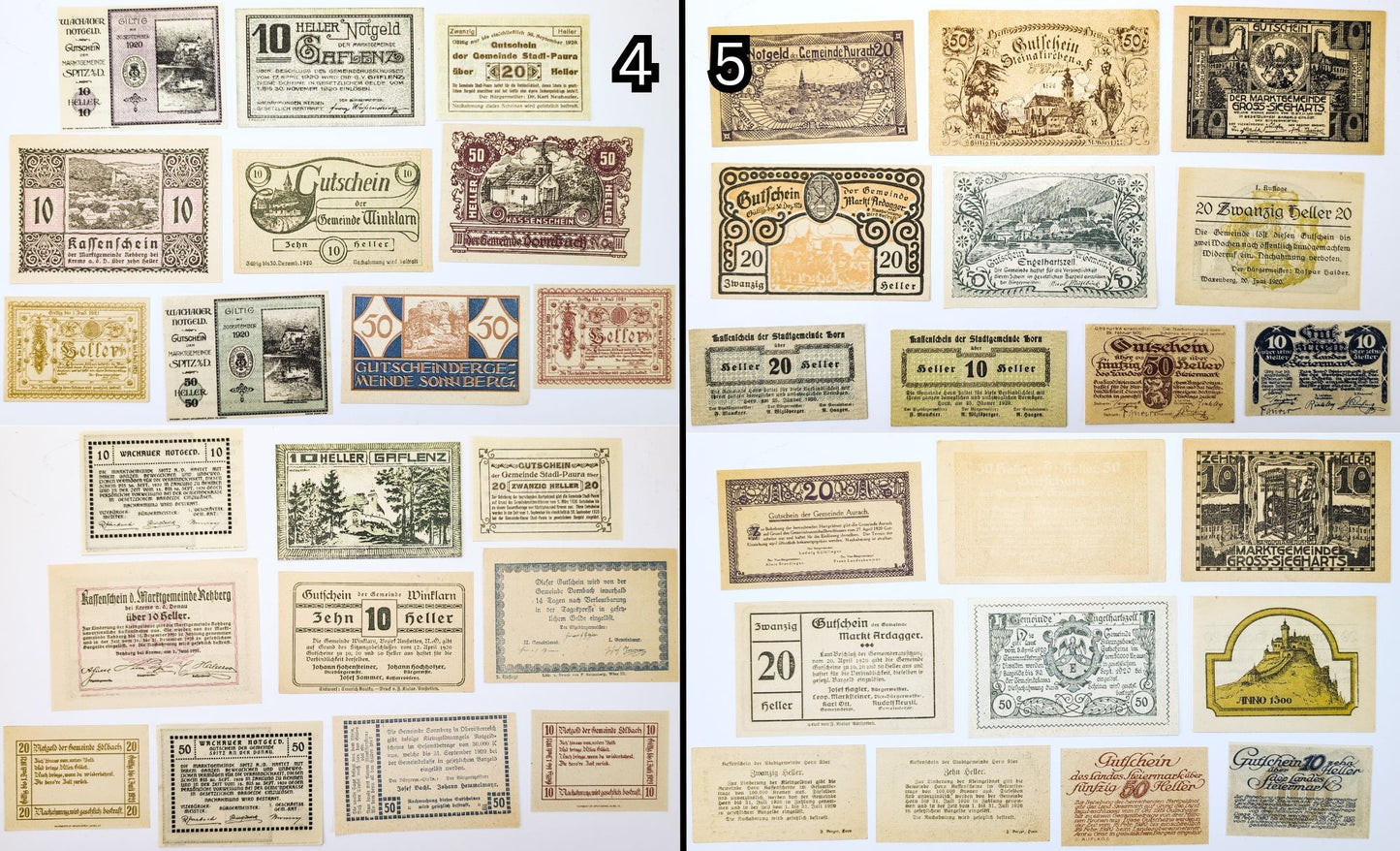 Lots of 10 WWI Austria Heller Notgeld Currency - Choose by Lot - Uncirculated (UNC) - 1920s Austrian Municipal Notes Lot of Ten