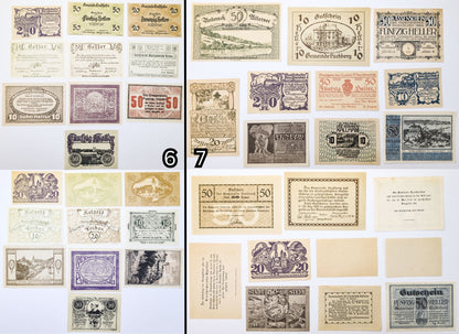 Lots of 10 WWI Austria Heller Notgeld Currency - Choose by Lot - Uncirculated (UNC) - 1920s Austrian Municipal Notes Lot of Ten