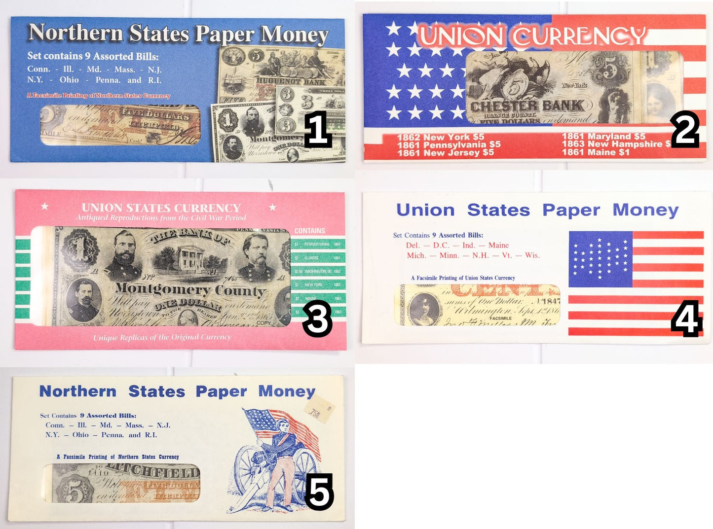 Facsimile Reproduction Union States Banknotes Sets - 5 Sets to Choose From! - 1960s Reproduction Civil War Era Northern Paper Currency