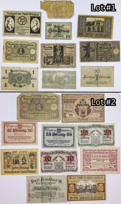 Lots of 10 German Post-WWI Pfennig Notgeld Emergency Notes - Choose by Lot - Circulated Grade - 1920s German Municipality Notgeld Lots