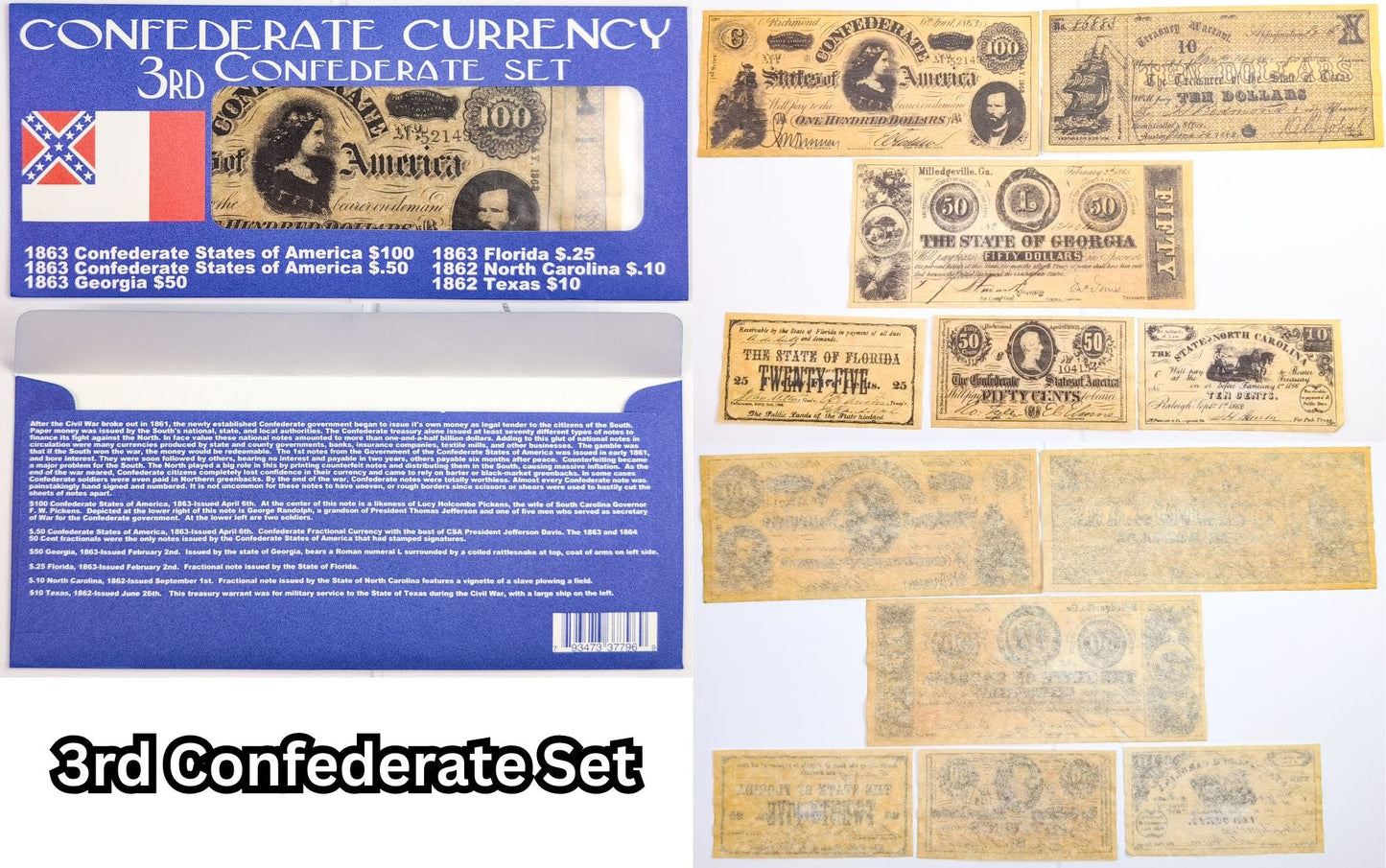 Facsimile Reproduction Confederate States Banknotes Sets - 1st, 2nd, or 3rd Set - 1960s Reproduction Civil War Era Southern Paper Currency