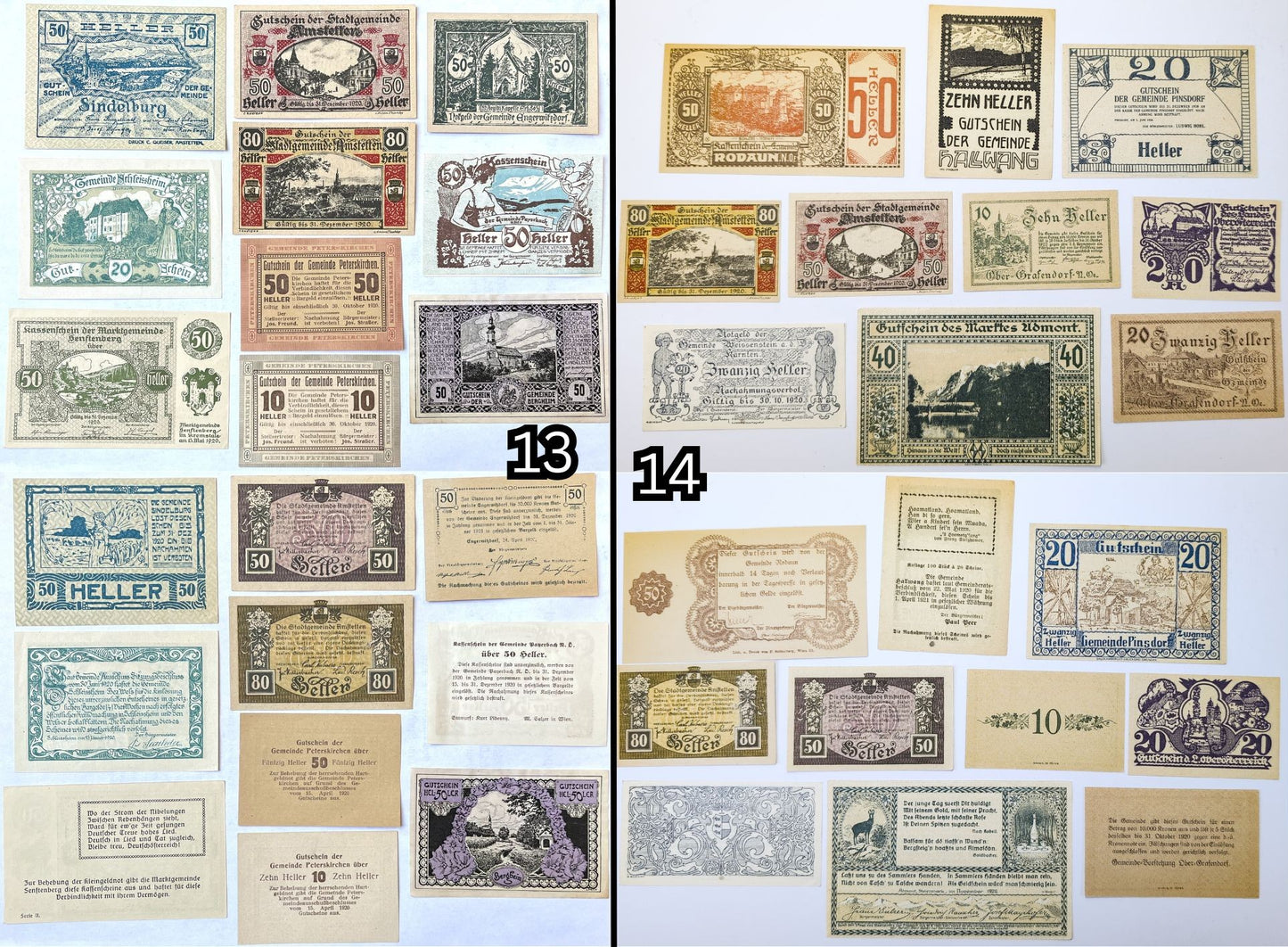 Lots of 10 WWI Austria Heller Notgeld Currency - Choose by Lot - Uncirculated (UNC) - 1920s Austrian Municipal Notes Lot of Ten