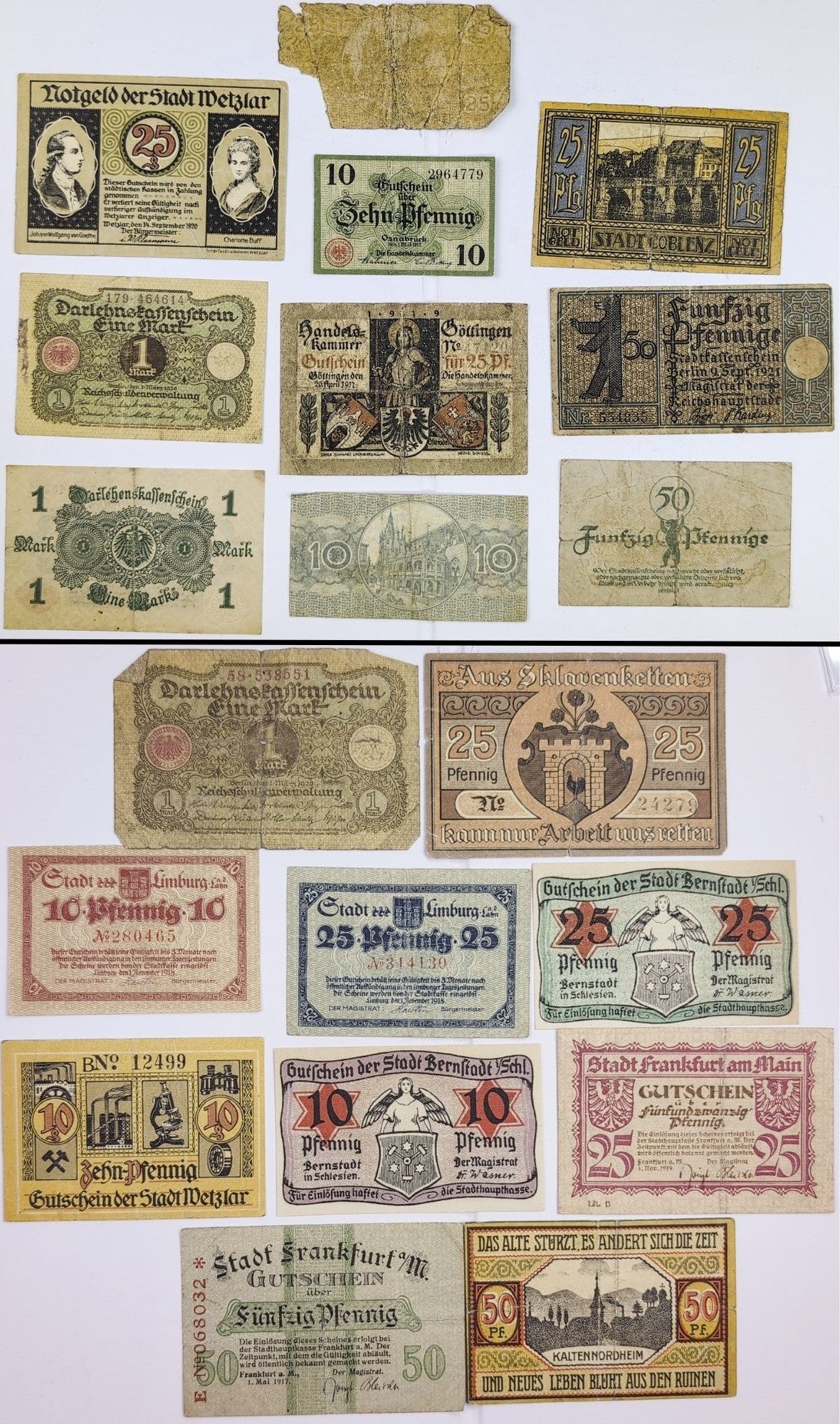 Lots of 10 German Post-WWI Pfennig Notgeld Emergency Notes - Choose by Lot - Circulated Grade - 1920s German Municipality Notgeld Lots