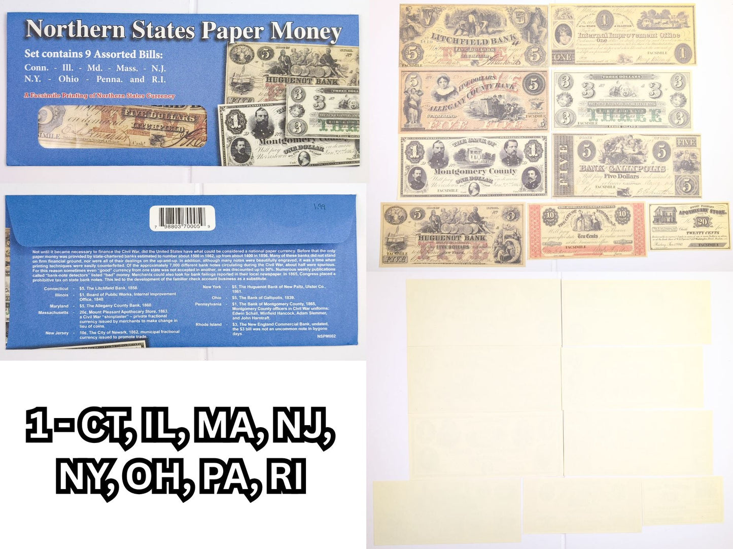 Facsimile Reproduction Union States Banknotes Sets - 5 Sets to Choose From! - 1960s Reproduction Civil War Era Northern Paper Currency