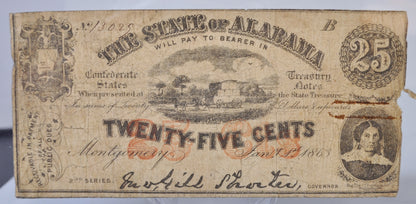 1863 State of Alabama 25 Cents Obsolete Note - Choice Very Fine (VF+) - Confederate Currency - 1863 Montgomery AL Twenty-Five Cent Note