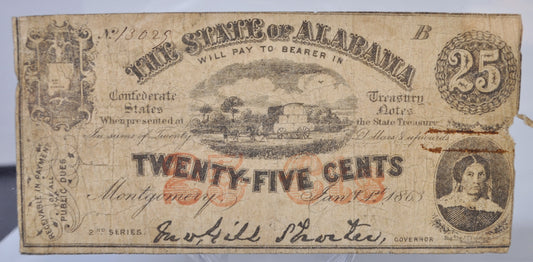 1863 State of Alabama 25 Cents Obsolete Note - Choice Very Fine (VF+) - Confederate Currency - 1863 Montgomery AL Twenty-Five Cent Note
