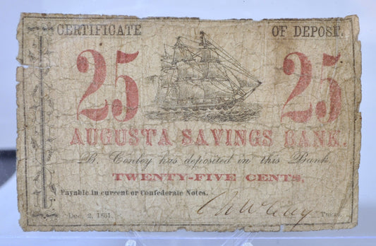 1861 Augusta Savings Bank 25 Cents Deposit Note - Certificate of Deposit - Georgia Obsolete Currency - 1861 Twenty-Five Cents Georgia Note