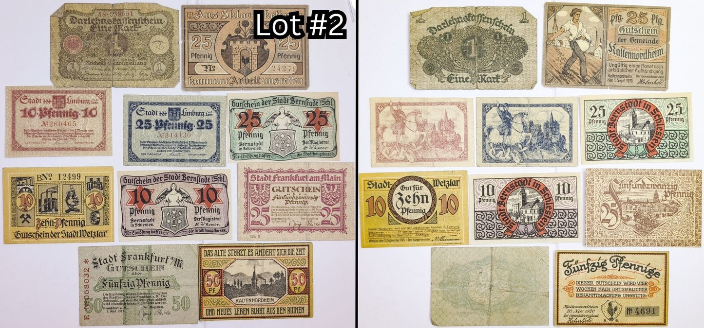 Lots of 10 German Post-WWI Pfennig Notgeld Emergency Notes - Choose by Lot - Circulated Grade - 1920s German Municipality Notgeld Lots