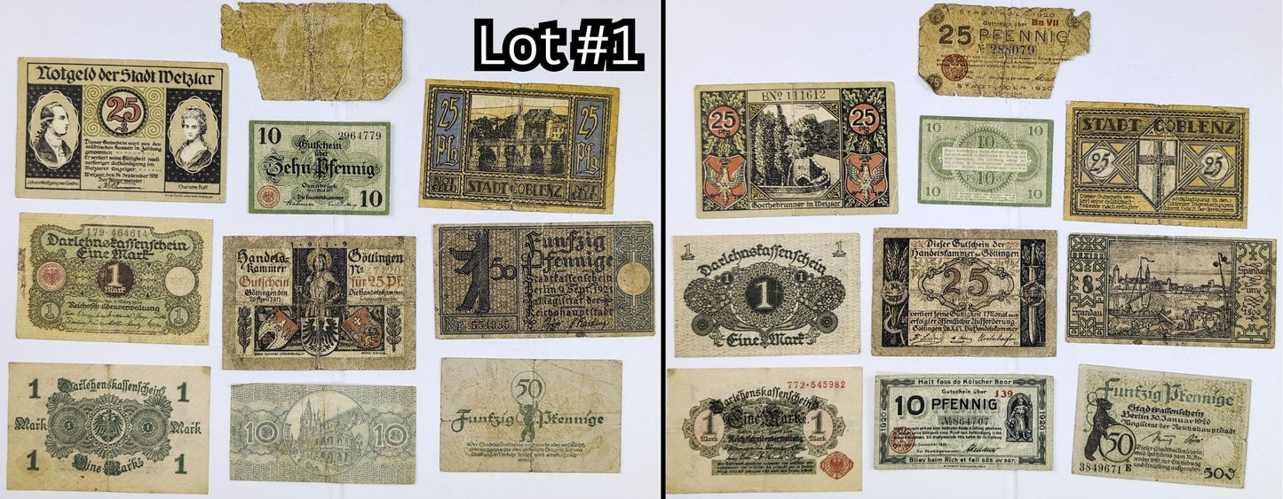 Lots of 10 German Post-WWI Pfennig Notgeld Emergency Notes - Choose by Lot - Circulated Grade - 1920s German Municipality Notgeld Lots
