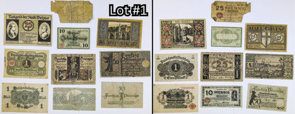 Lots of 10 German Post-WWI Pfennig Notgeld Emergency Notes - Choose by Lot - Circulated Grade - 1920s German Municipality Notgeld Lots