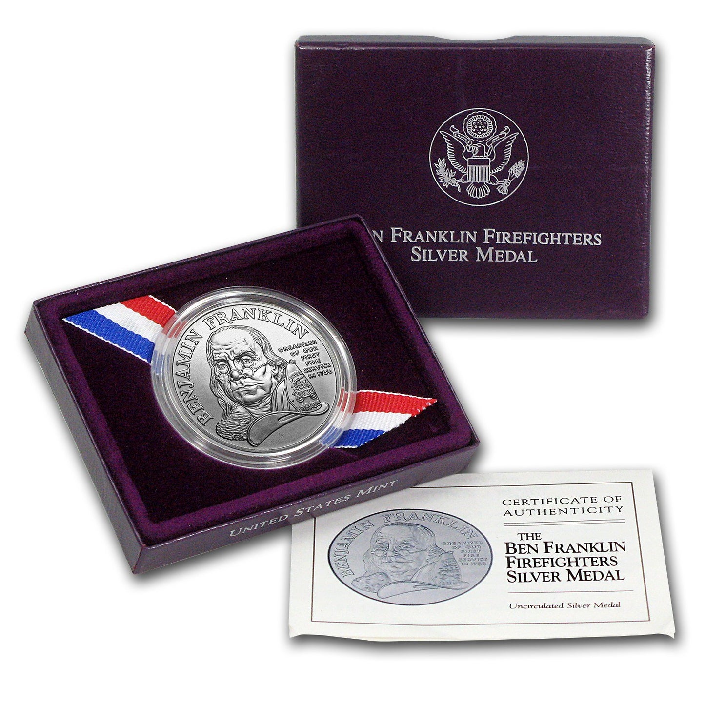 1992-P 1 ozt .999 Silver Benjamin Franklin Firefighters Commemorative Medal Philadelphia W/ Box and COA