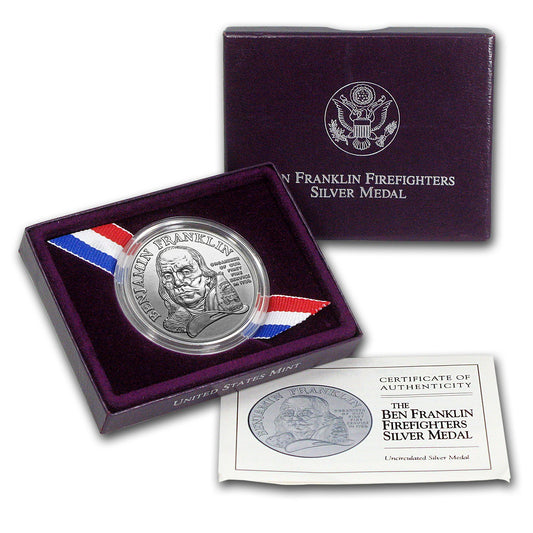 1992-P 1 ozt .999 Silver Benjamin Franklin Firefighters Commemorative Medal Philadelphia W/ Box and COA