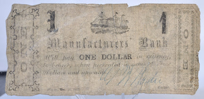 RARE 1862 Manufacturers' Bank 1 Dollar Obsolete Banknote - Rare Printed Reverse - Macon, GA - 1862 One Dollar Georgia Bank Note