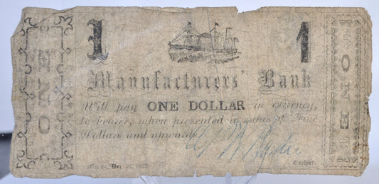 RARE 1862 Manufacturers' Bank 1 Dollar Obsolete Banknote - Rare Printed Reverse - Macon, GA - 1862 One Dollar Georgia Bank Note