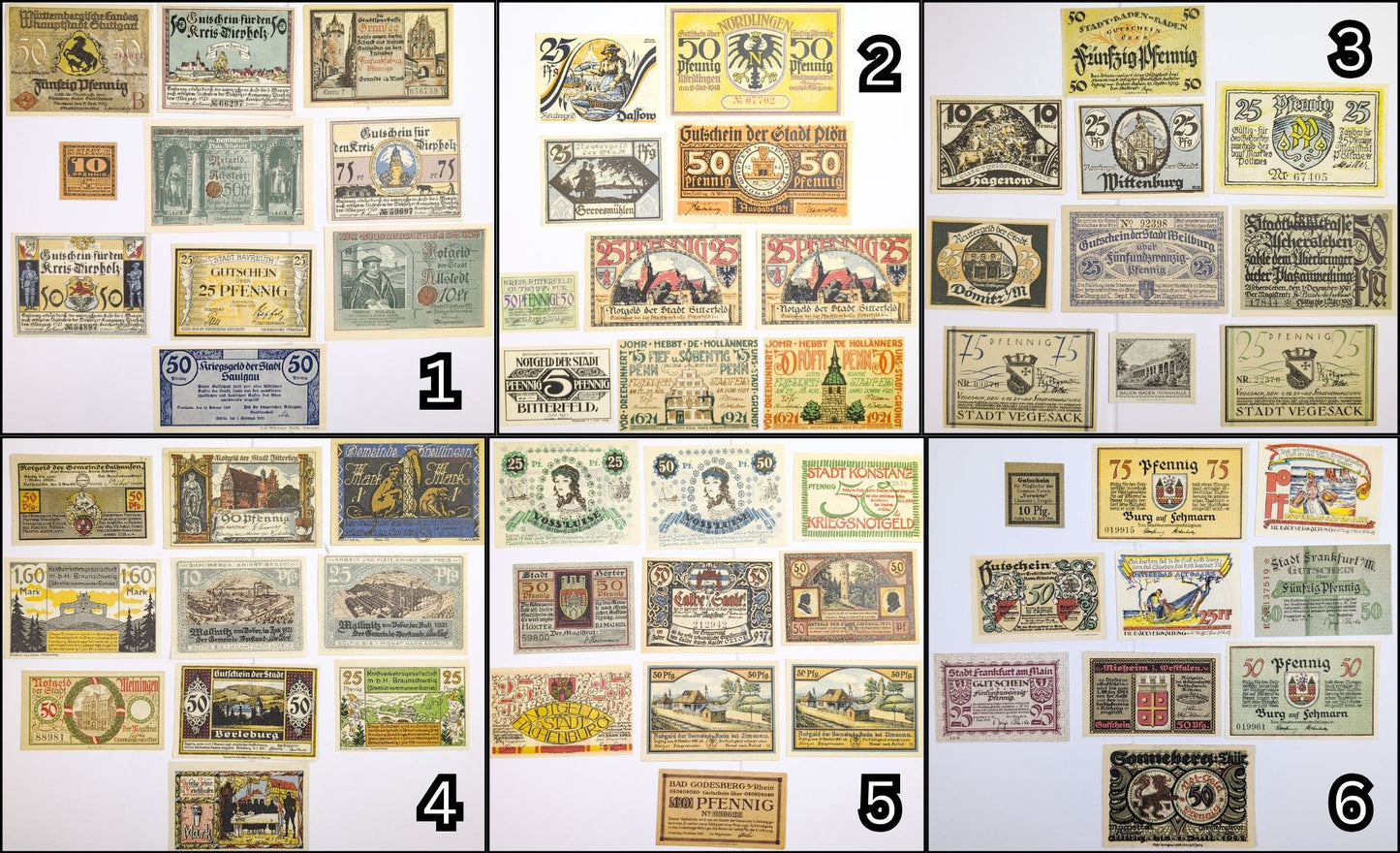 Lots of 10 German Post-WWI Pfennig Notgeld Emergency Notes - Choose by Lot - Uncirculated (UNC) - 1920s German Municipality Notgeld Lots