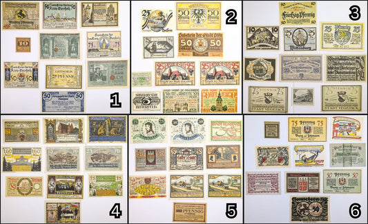 Lots of 10 German Post-WWI Pfennig Notgeld Emergency Notes - Choose by Lot - Uncirculated (UNC) - 1920s German Municipality Notgeld Lots