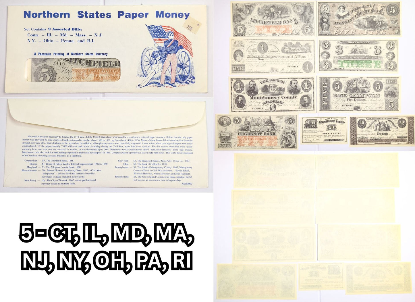 Facsimile Reproduction Union States Banknotes Sets - 5 Sets to Choose From! - 1960s Reproduction Civil War Era Northern Paper Currency