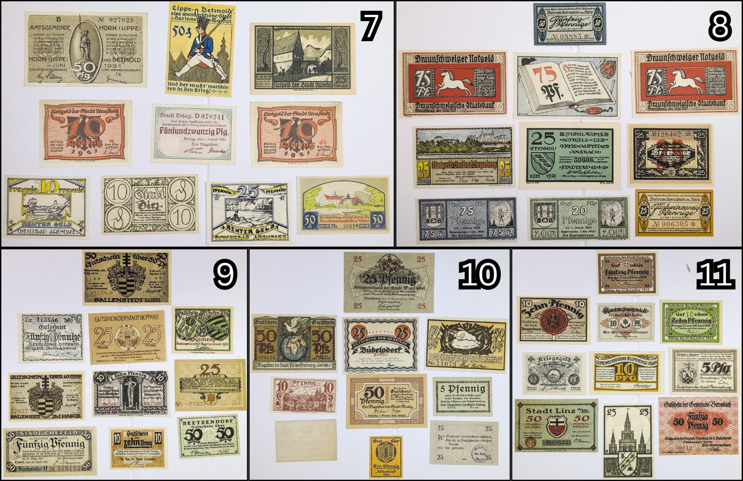 Lots of 10 German Post-WWI Pfennig Notgeld Emergency Notes - Choose by Lot - Uncirculated (UNC) - 1920s German Municipality Notgeld Lots