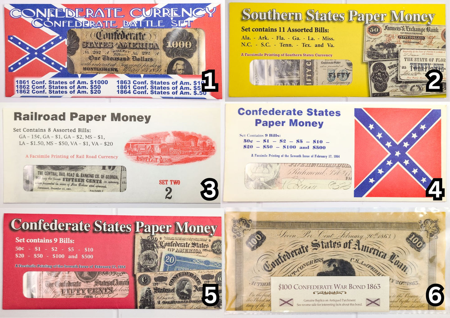 Facsimile Reproduction Confederate States Banknotes Sets - 6 Sets to Choose From! - 1960s Reproduction Civil War Era Southern Paper Currency