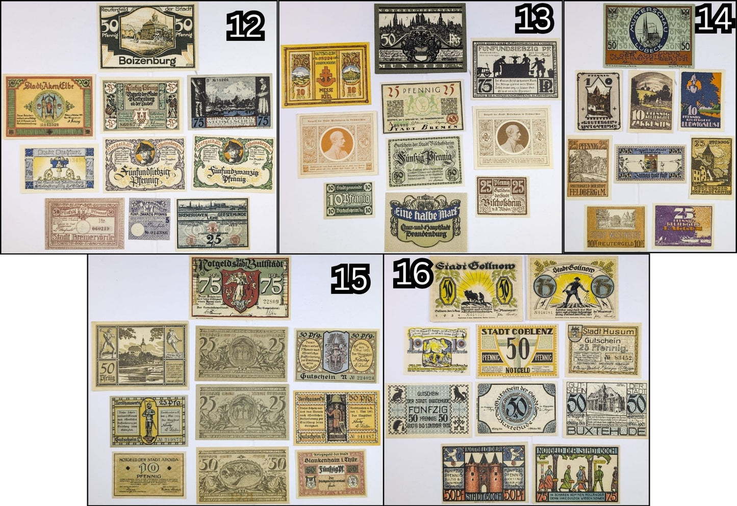 Lots of 10 German Post-WWI Pfennig Notgeld Emergency Notes - Choose by Lot - Uncirculated (UNC) - 1920s German Municipality Notgeld Lots
