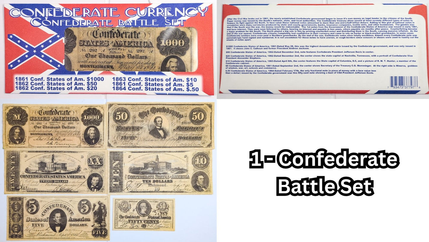 Facsimile Reproduction Confederate States Banknotes Sets - 6 Sets to Choose From! - 1960s Reproduction Civil War Era Southern Paper Currency