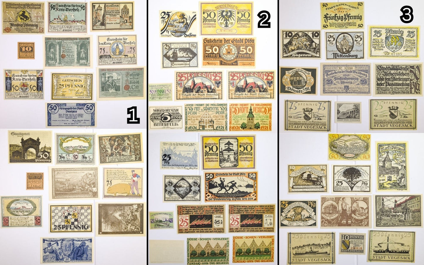 Lots of 10 German Post-WWI Pfennig Notgeld Emergency Notes - Choose by Lot - Uncirculated (UNC) - 1920s German Municipality Notgeld Lots