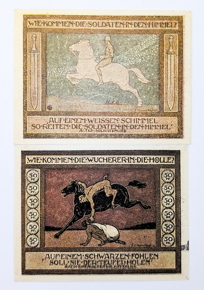 Rare 1918 Ansbach Germany 25 and 50 Pfennig Notgeld Pair - Complete Horse Rider Set - 1918 German Emergency Complete Pfennig Set