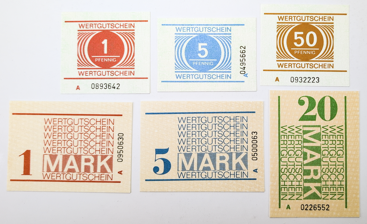 Complete Set of 6 East Germany DDR Prison Wertgutschein Vouchers - Uncirculated (UNC) - RARE 1980s German Prison Mark and Pfennig Notes