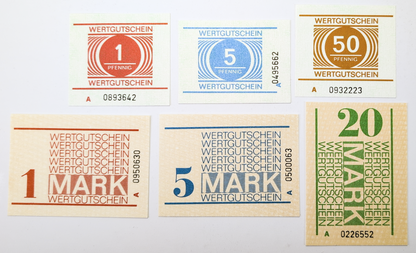 Complete Set of 6 East Germany DDR Prison Wertgutschein Vouchers - Uncirculated (UNC) - RARE 1980s German Prison Mark and Pfennig Notes