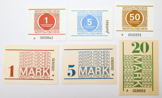 Complete Set of 6 East Germany DDR Prison Wertgutschein Vouchers - Uncirculated (UNC) - RARE 1980s German Prison Mark and Pfennig Notes