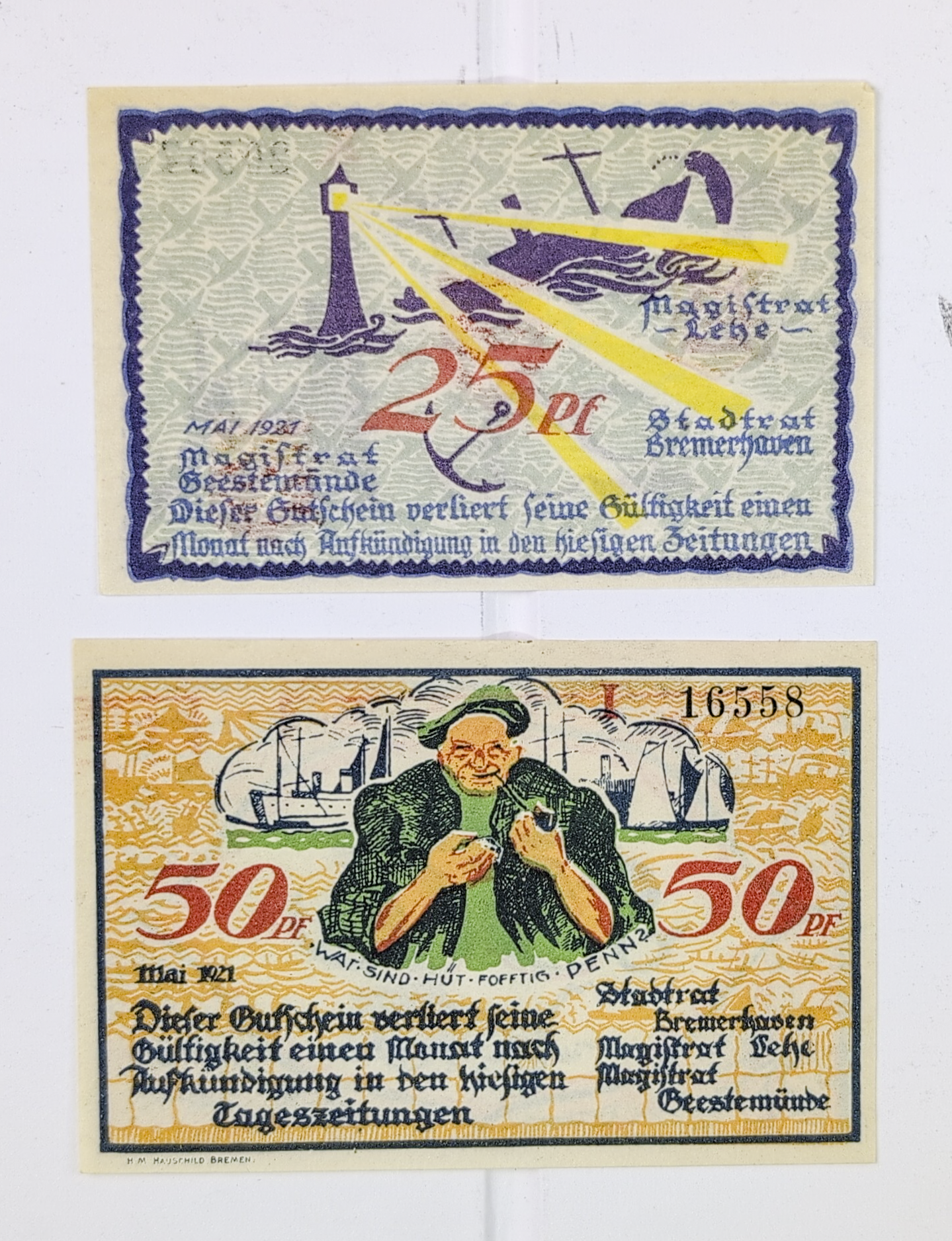 Complete Set of 2 1921 Bremerhaven Germany 25 & 50 Pfennig Notgeld - Lighthouse & Sailor Series - 1921 German Emergency Pfennig Notes Pair