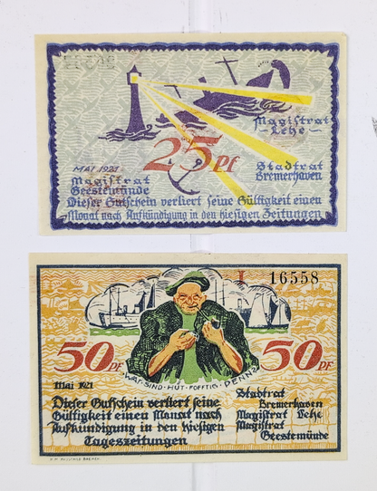 Complete Set of 2 1921 Bremerhaven Germany 25 & 50 Pfennig Notgeld - Lighthouse & Sailor Series - 1921 German Emergency Pfennig Notes Pair