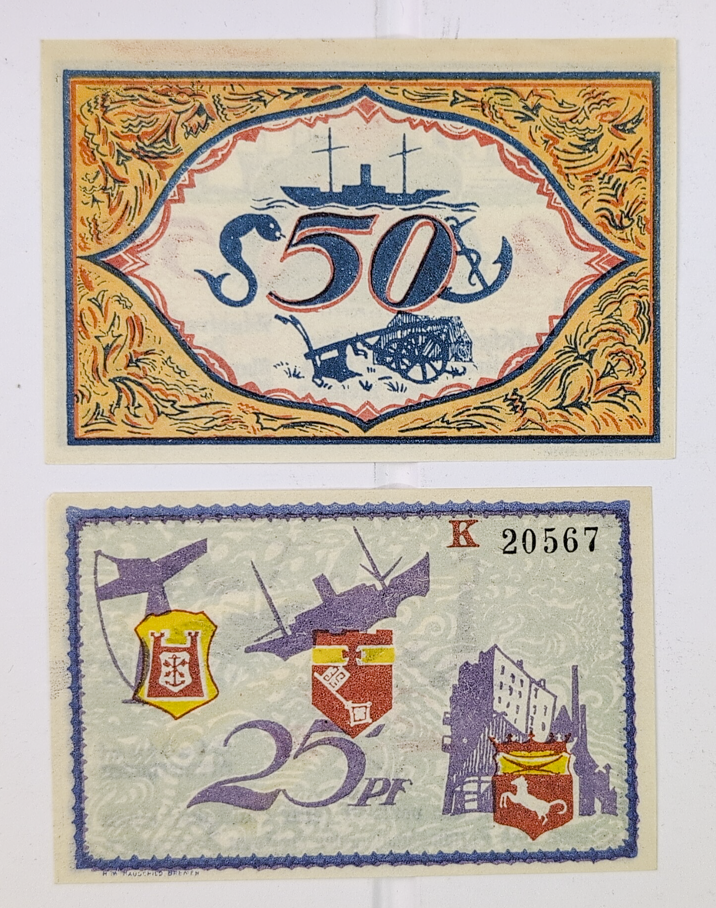 Complete Set of 2 1921 Bremerhaven Germany 25 & 50 Pfennig Notgeld - Lighthouse & Sailor Series - 1921 German Emergency Pfennig Notes Pair