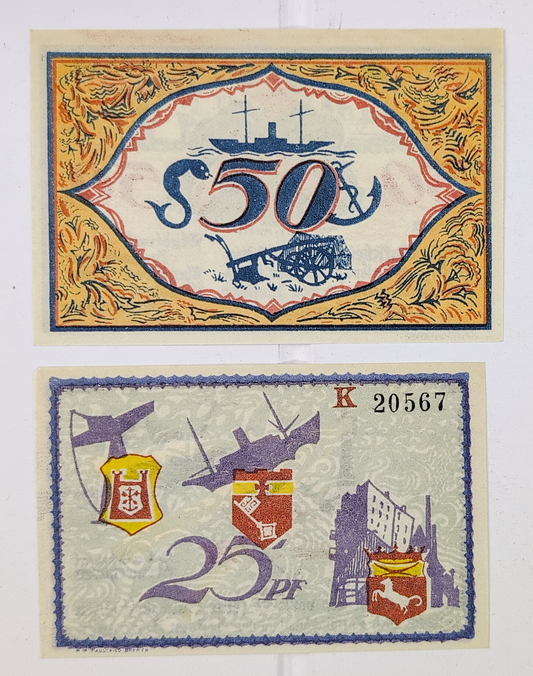 Complete Set of 2 1921 Bremerhaven Germany 25 & 50 Pfennig Notgeld - Lighthouse & Sailor Series - 1921 German Emergency Pfennig Notes Pair