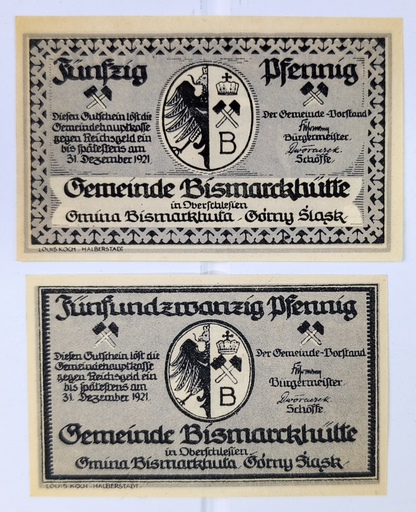Complete Set of 1921 Bismarkhutte German Poland 25 and 50 Pfennig Notgeld - 1921 German-Occupied Poland Emergency Pfennig Notgeld Pair