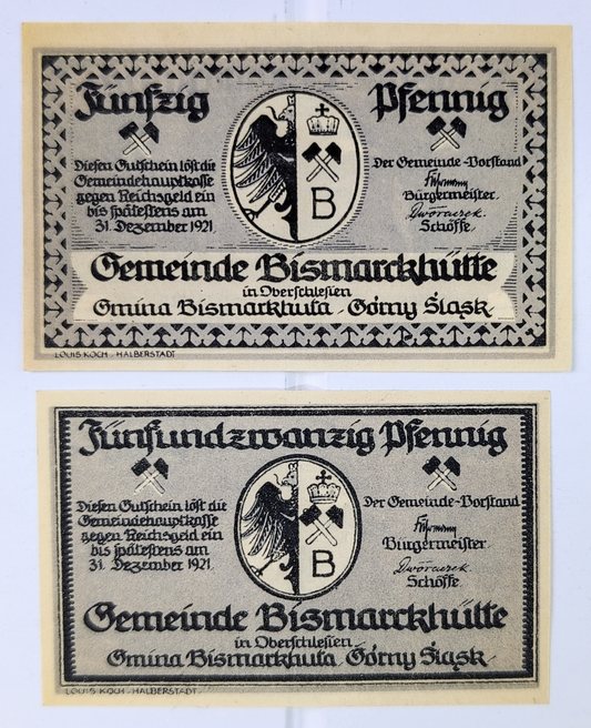 Complete Set of 1921 Bismarkhutte German Poland 25 and 50 Pfennig Notgeld - 1921 German-Occupied Poland Emergency Pfennig Notgeld Pair