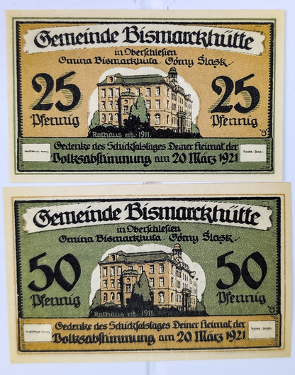 Complete Set of 1921 Bismarkhutte German Poland 25 and 50 Pfennig Notgeld - 1921 German-Occupied Poland Emergency Pfennig Notgeld Pair
