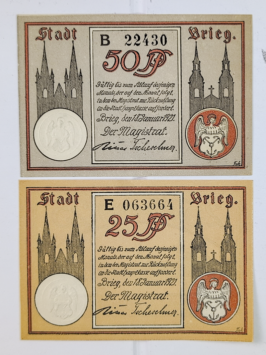 Complete Set of 2 1921 Brieg / Brzeg German Poland 25 & 50 Pfennig Notgeld - 1921 German-Occupied Poland Emergency Pfennig Notgeld Pair