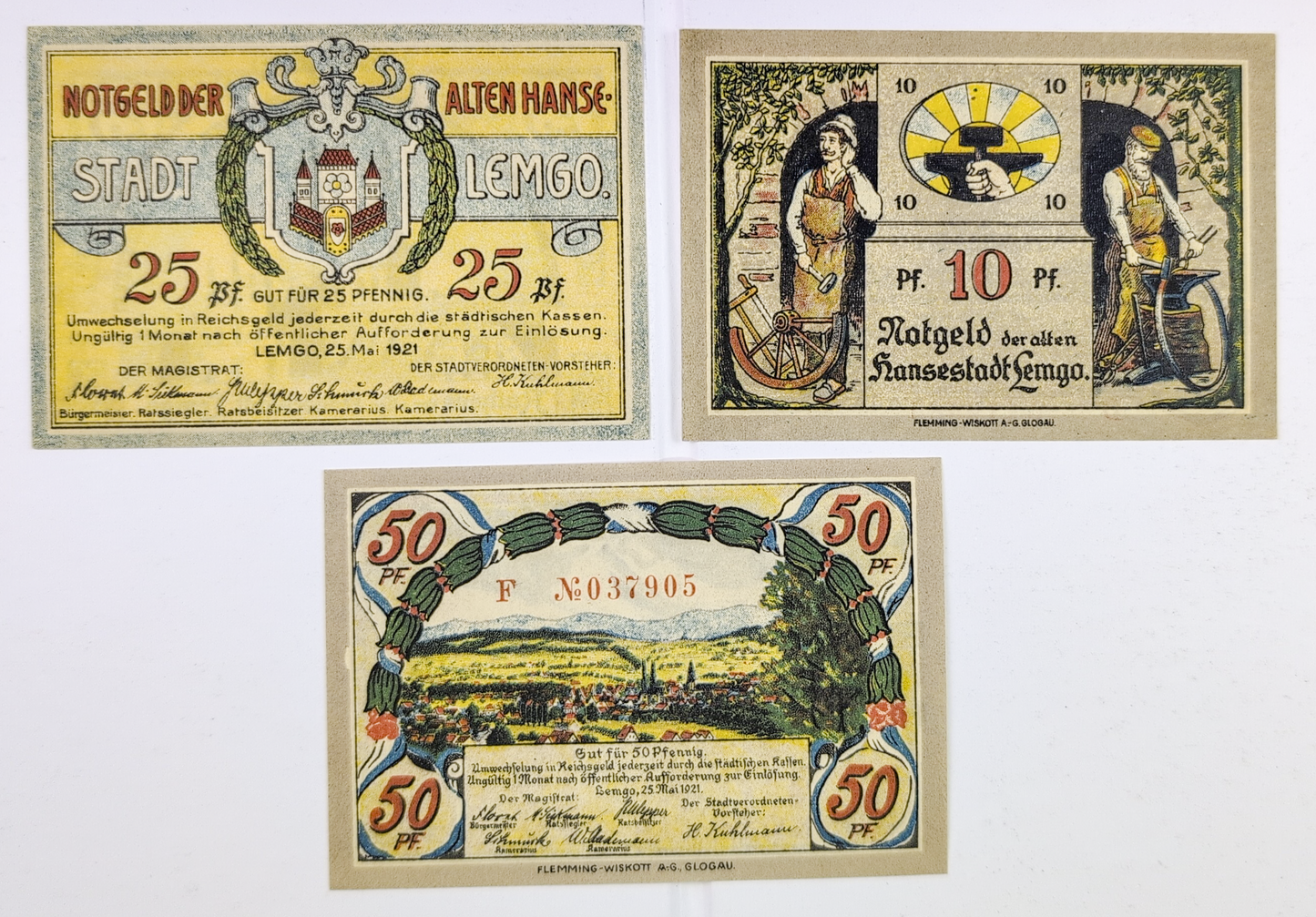 Complete Set of 1921 Lemgo Germany 10, 25, 50 Pfennig Notgeld - Full Denomination Trio - 1921 German Emergency Complete Pfennig Set