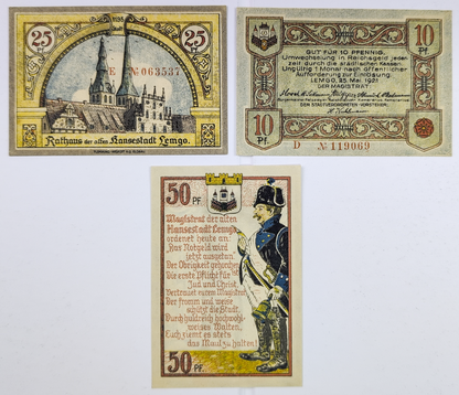 Complete Set of 1921 Lemgo Germany 10, 25, 50 Pfennig Notgeld - Full Denomination Trio - 1921 German Emergency Complete Pfennig Set