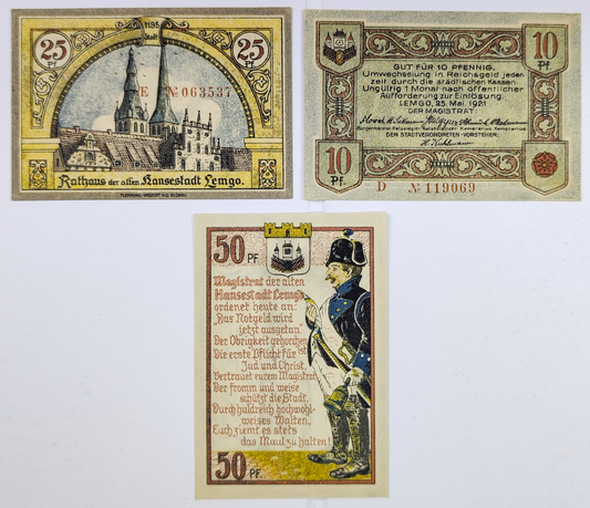 Complete Set of 1921 Lemgo Germany 10, 25, 50 Pfennig Notgeld - Full Denomination Trio - 1921 German Emergency Complete Pfennig Set