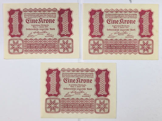 Lot of 3 1922 Austria-Hungary Bank 1 Kronen Notes - Uncirculated (UNC) Lot - 1922 Austrian One Krone Banknote Trio - P#73