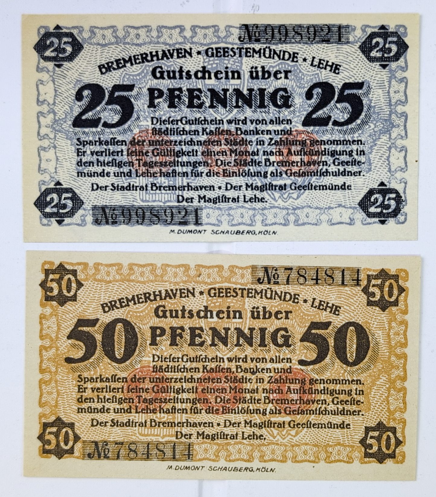 Complete Set of 2 1919 Bremerhaven Germany 25 & 50 Pfennig Notgeld - Rarer Early Notgeld Set - 1919 German Emergency Pfennig Notes Pair
