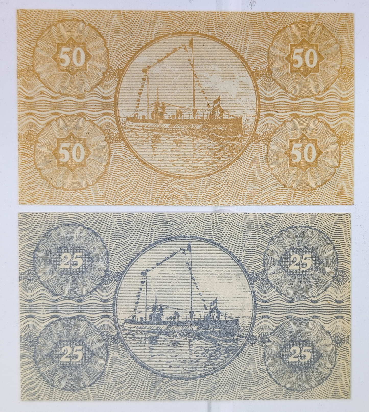Complete Set of 2 1919 Bremerhaven Germany 25 & 50 Pfennig Notgeld - Rarer Early Notgeld Set - 1919 German Emergency Pfennig Notes Pair