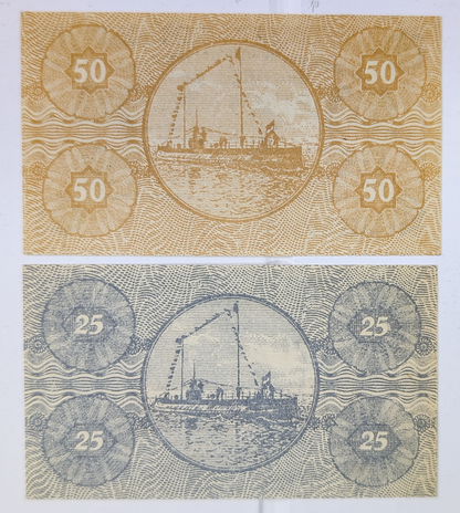 Complete Set of 2 1919 Bremerhaven Germany 25 & 50 Pfennig Notgeld - Rarer Early Notgeld Set - 1919 German Emergency Pfennig Notes Pair