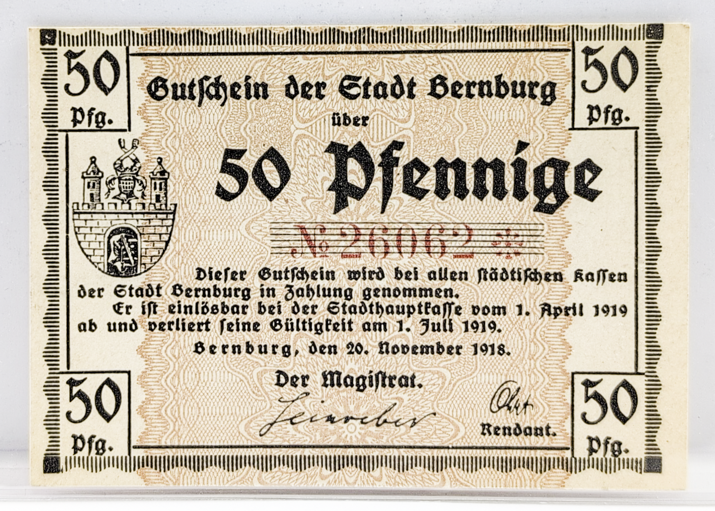 1918 Bernburg Germany 50 Pfennige Notgeld - Long "J" Juli Type - WWI German Emergency Currency - 1918 German Municipality Fifty Pfennig Note