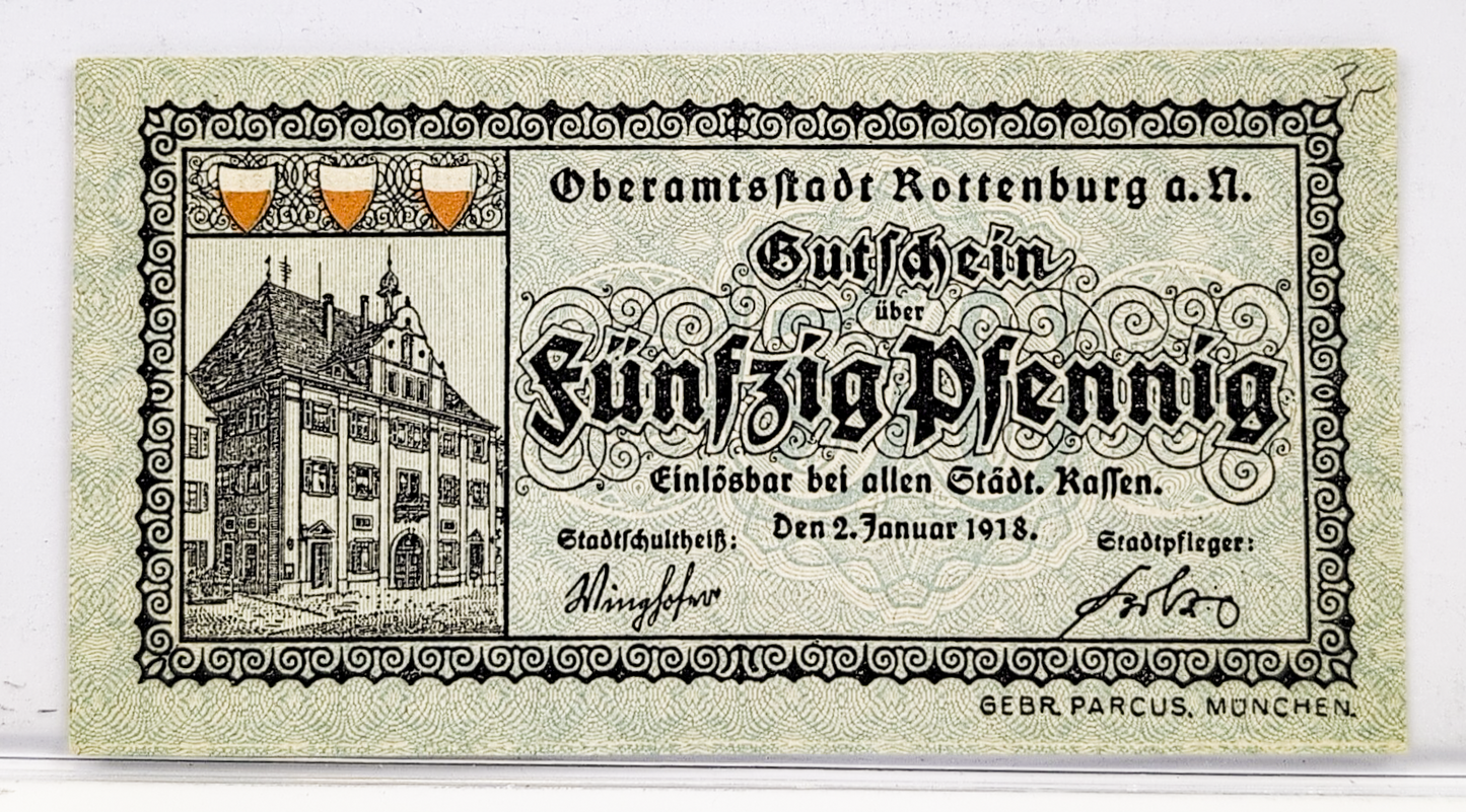 1918 Rottenburg Germany 50 Pfennig Notgeld - WWI German Emergency Currency - 1918 German Municipality Fifty Pfennig Note
